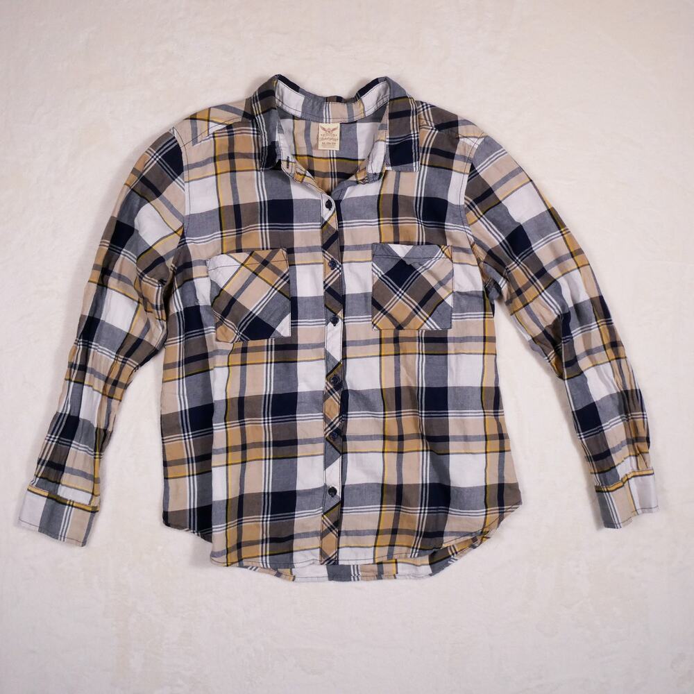 Faded Glory Navy Blue & Yellow Plaid Button Down Shirt Size XL Grunge Cabincore